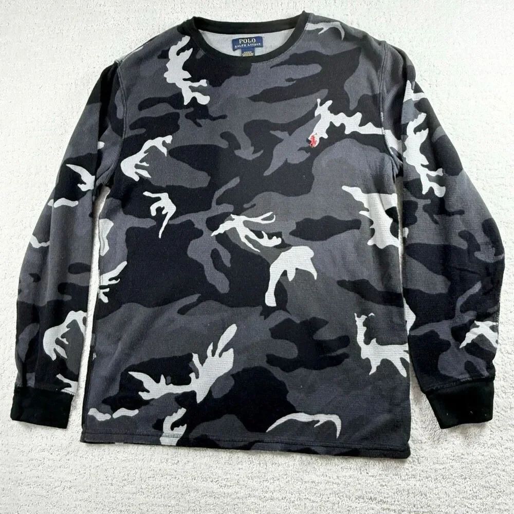 Chaps Ralph Lauren Waffle Knit Long Sleeve Black Camo T Shirt - Men’s US L